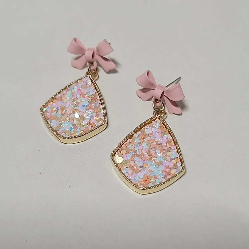 Confetti Shimmer Bow Drop Earrings, S925 - Picture 5 of 7